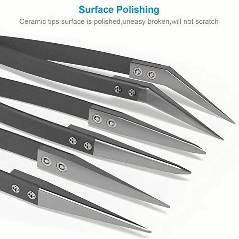 Pro-Grade Ceramic Tweezers Set For Electronics And High Temp Work, 3-Piece Kit With Pointed, Bent And Flat Zirconia Tips, Antistatic, Anticorrosion, Antimagnetic, Heat Resistant Up To 3000F, Stainless Steel Handles