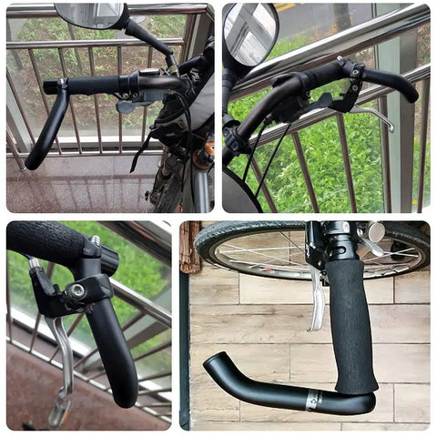 Collage of lightweight aluminum bar ends on MTB handlebars, 6061-T6 material, 22.2mm size, ergonomic design, enhances leverage.
