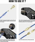 Instructional guide using Massive 1000 Piece Quick Splice Crimp Spade Terminals Kit with connectors and crimping tool.