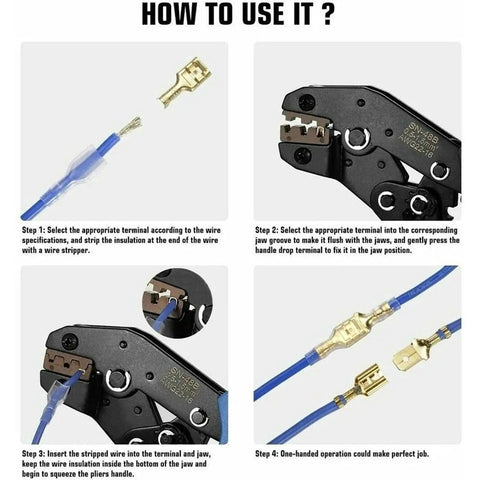 Instructional guide using Massive 1000 Piece Quick Splice Crimp Spade Terminals Kit with connectors and crimping tool.