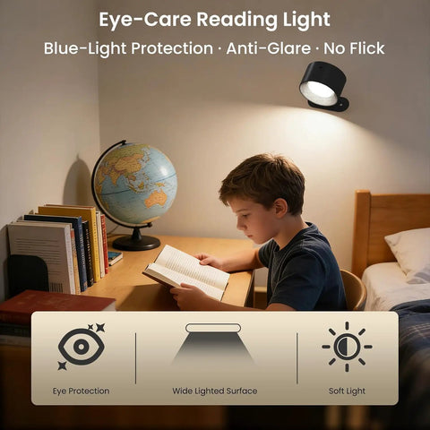 Fuligent 2 Pack LED Wall Sconces, Battery Operated Wall Lights for Bedroom Bedside, Cordless Sconces with Remote & Touch Control, 360° Magnetic Rotation & Rechargeable, 3 Color Modes Dimmable (Black) illuminating a child reading.