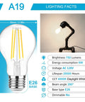 60W Equivalent E26 LED Filament Bulbs Daylight 4000K Non Dimmable A19 Glass Clear, lighting facts and measurements shown.