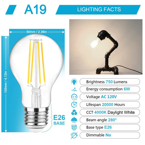60W Equivalent E26 LED Filament Bulbs Daylight 4000K Non Dimmable A19 Glass Clear, lighting facts and measurements shown.