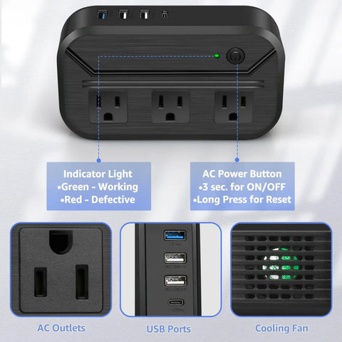 2300W Travel Voltage Converter With 220V To 110V Step Down 3 USB Ports 1 Type C And 3 AC Outlets Universal Worldwide Power Adapter Compatible With 120V Electronics Off White, showing indicator light, AC power button, and cooling fan details.