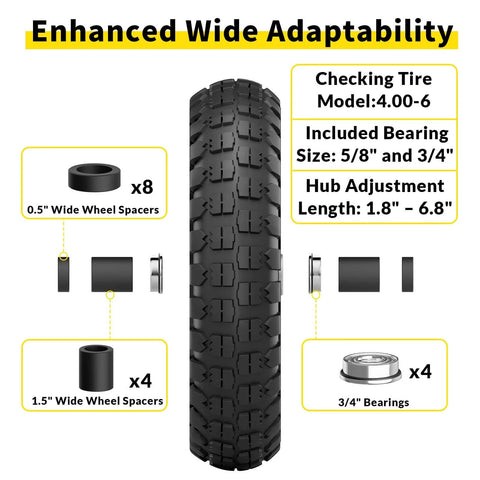 Flat Free Tire And Wheel Set 4.00-6 For Garden Cart, Wheelbarrow, And Hand Truck, 13 Inch Solid Wheel, hub and bearing sizes