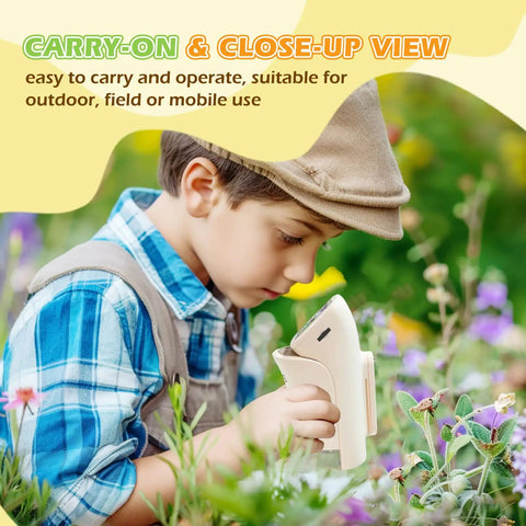 Kid-Friendly Handheld Digital Microscope With 1000X Zoom And 2.1 Inch HD LCD Screen, Six LED Lights, Ergonomic Angled Design For Eye And Neck Comfort, A Fun, Engaging Tool For STEM Learning, Exploration, And Hands-On Discovery, used outdoors by a child