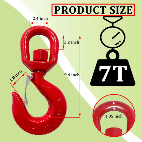 Beefy 7 Ton Heavy Duty Swivel Lifting Hook With Safety Latch Grade 80 Alloy Steel Heat Treated 360 Degree Rotation Galvanized Coating Waterproof And Rust Resistant, red hook with size labels