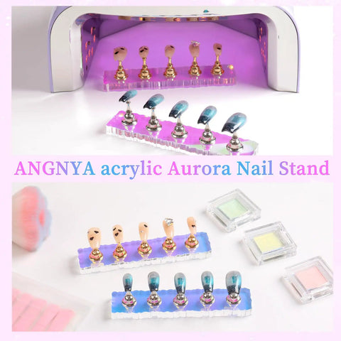 2 Piece Aurora Nail Stand Set for Painting Nails, Magnetic Nail Holder Display With 96 Removable Mounting Tapes shown in use.