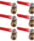 Six Pack Top Shelf Copper Mini Ball Valve With Male Female NPT Threads For Handling High Pressure Water Gas And Air Without A Hassle Or Leaks, showing six valves with red handles.