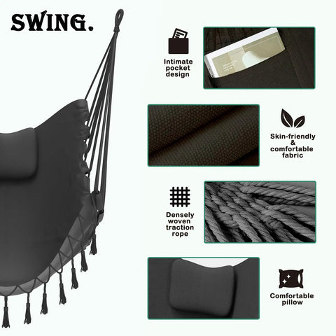 U Shaped Hammock Chair With Stand For Indoor Or Outdoor Relaxation Sturdy Rust Resistant Cozy Gray Cotton Swing Chair No Overhead Beam Design For Wider View Porch Patio Balcony Chill And Unwind In Style with features like pocket, fabric, and pillow.