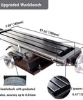 Badass Little R8 Mini Milling Machine With Brushless Motor Sleek Digital Readout Fast X Axis Power Feed Variable Speed Benchtop Drill Press Workbench with graduated scales for precision metal and wood projects.