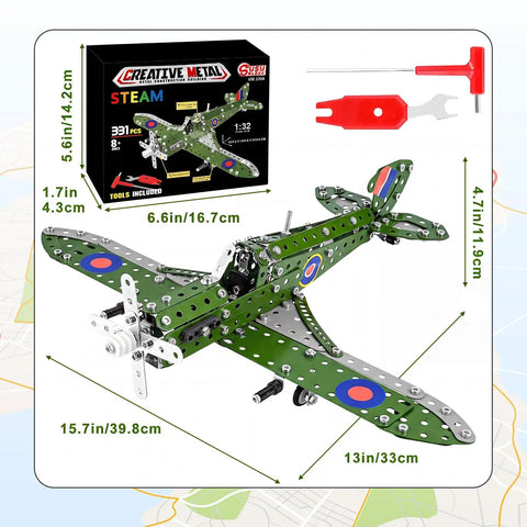 Metal Hurricane Fighter Jet Model Kit With 331 Parts One Thirty Second Scale STEM Building Set For Adults And Kids