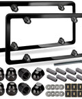 Volvo License Plate Frames 2 Pack Matte Black Aluminum Slim Edge Car Tag Frame With Stainless Steel Screw Caps visible with accessories