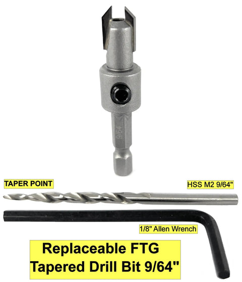 Badass Three Piece Number Six Tapered Drill Bits Provide Knockout Countersinking Results With Standard Double Flute Design And Heavy Duty Round Shank To Make Your Next Woodworking Project A Breeze. Tapered drill bit set with 9/64 inch size and HSS M2 alloy material.
