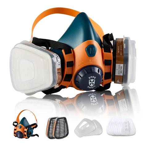 All Day Comfy Reusable Silicone Half Face Respirator Mask With Filters For Welding Woodworking Spray Painting Dust Chemical And Pollen Protection Gas Mask shown with accessories