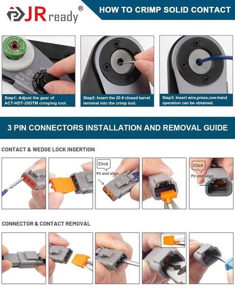 Deutsch DTM 3 Pin Connectors Kit waterproof electrical wire connectors installation guide for 20 to 22 AWG contacts.