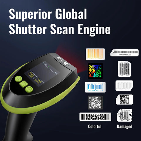 Wireless Barcode Scanner With Screen Pro Edition 1D 2D QR Scanner With Customizable Screen Display showing barcode samples
