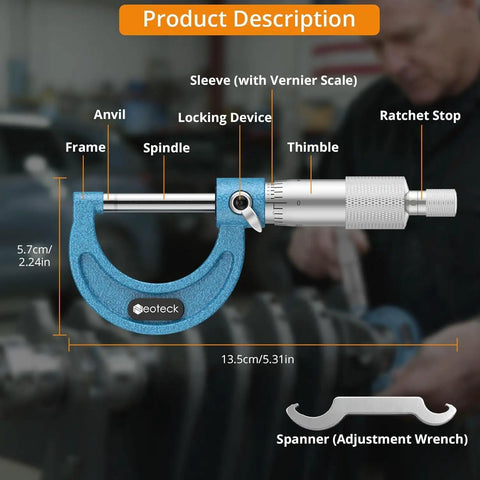 Pro Grade 0 To 1 Inch Outside Micrometer With 0.0001 Inch Resolution Carbide Tipped Anvils Anti Glare Graduations shown with parts labeled