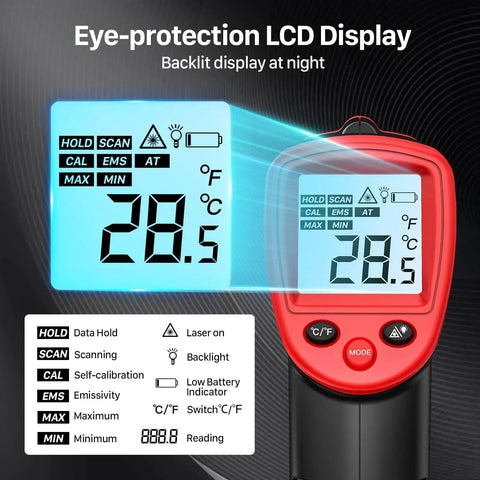 Infrared Temperature Gun For Cookin And Grillin With Adjustable Emissivity, Fast 0.5 Second Readings, Wide -58F To 1112F Range, 12 To 1 Distance To Spot, Non Contact Laser Thermometer For Oven Pizza Candy Griddle Engine And More showing LCD display with backlight and controls.
