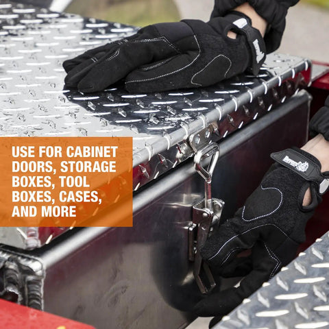 Solid As A Rock 6 Inch Polished Stainless Steel Adjustable Grip Draw Latch With Strike Plate Heavy Duty Secure Hardware For Tool Boxes Trailers Rigs And Gear Boxes close-up, gloved hand securing latch on metal toolbox.
