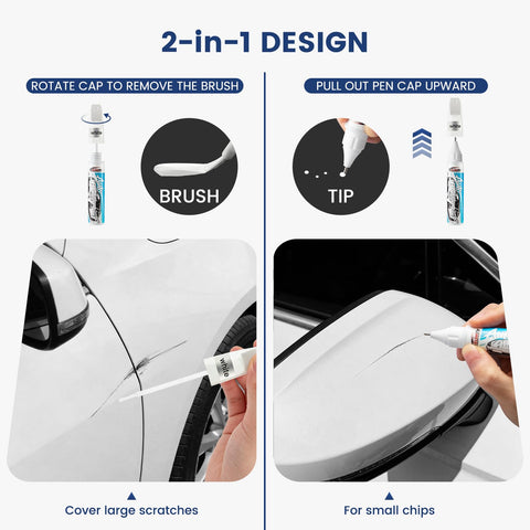 Two-Pack Car Touch Up Paint Pen With Clear Coat Pen Kit For White Cars showing brush and pen tip for scratch repair on vehicle