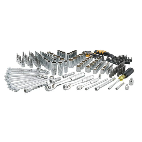 200 Piece Mechanic Socket Set With Metric And SAE Sizes, 72-Tooth Ratchet, Anti-Slip Ring Sockets, Comfort Grip Tools laid out.