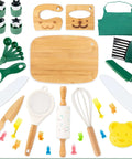 20-piece kids' toy kitchen set with wooden cutting board and green utensils, apron included for pretend cooking