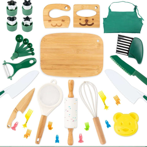 20-piece kids' toy kitchen set with wooden cutting board and green utensils, apron included for pretend cooking