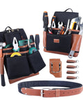 Heavy Duty Electrician And Carpenter Tool Belt With Full Grain Leather Construction, 19 Pouches, tools displayed, adjustable belt