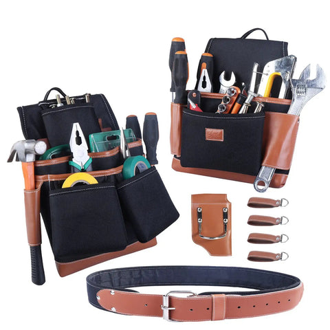 Heavy Duty Electrician And Carpenter Tool Belt With Full Grain Leather Construction, 19 Pouches, tools displayed, adjustable belt