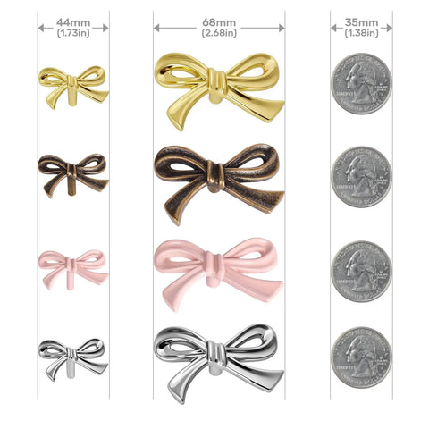 Brushed Gold Bow Dresser Knobs Set Of 8, Large Decorative Cabinet Drawer Pull Handles with size comparison against US quarters.