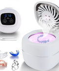 Three In One Ultrasonic Retainer Cleaner With UV Sanitizer And Fast Drying Fan For Dentures Aligners Mouth Guards Night Guards And Jewelry Deep Clean Odor Busting And Quick Dry, white 304 steel basin