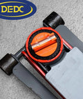 DEDC universal aluminum grooved magnetic jack pad with orange slotted insert mounted on a floor jack