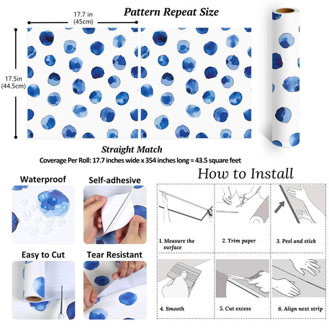 Super Sleek Blue And White Polka Dot Peel And Stick Wallpaper For Kids Rooms And Nurseries Zero Mess Peel And Apply Removable Self Adhesive Vinyl Watercolor Accent Wall Decor Refresh installation guide