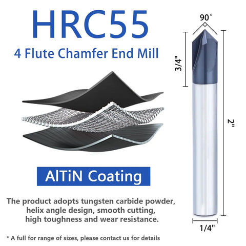 Image of a Carbide Chamfer End Mill 90 Degree with 0.25 Inch Shank, V Groove, AlTiN Coated, showing dimensions and features.