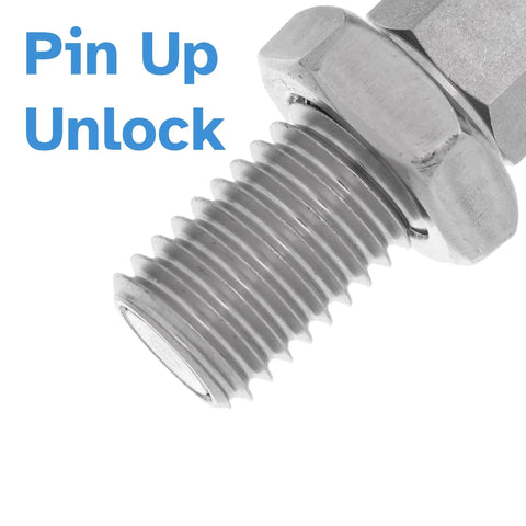 Solid Heavy Duty Stainless Steel Indexing Plunger With Knurled Hex Knob And Bulletproof Spring Loaded Pin close-up of threaded shaft
