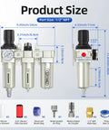 Dimensions of Industrial Grade 3 Stage Air Drying System With 0 To 240 PSI Regulator Water Separator Coalescing Filter Particulate Filter Desiccant Dryer Metal Bowl Auto Drain And Visible Sight Glass For Air Compressors For Pros In Real World Shops shown.