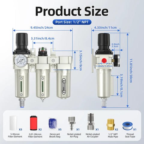 Dimensions of Industrial Grade 3 Stage Air Drying System With 0 To 240 PSI Regulator Water Separator Coalescing Filter Particulate Filter Desiccant Dryer Metal Bowl Auto Drain And Visible Sight Glass For Air Compressors For Pros In Real World Shops shown.