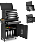 Five Drawer Rolling Tool Cart With Detachable Cabinet Heavy Duty Pro Grade Mobile Tool Chest For Garage Workshop Or Warehouse Removable Bottom Cabinet And On Wheels Storage Organizer In Black, showing open drawers and cabinet.