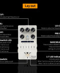Diagram showing controls on Stereo Reverb Pedal For Guitar With Seven Presets And Classic Effects From Room And Hall To Church Cave Plate Spring Mod Plus Hi Cut Lo Cut Decay And Pre Delay Save Your Tones On Tap True Bypass With Trails Metal Chassis