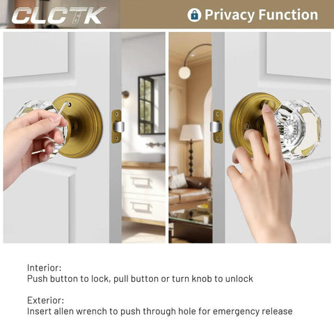 Antique Brass Glass Door Knobs With Privacy Lock shown being used from inside and outside with Thumb Turn Lock and Emergency Allen Key