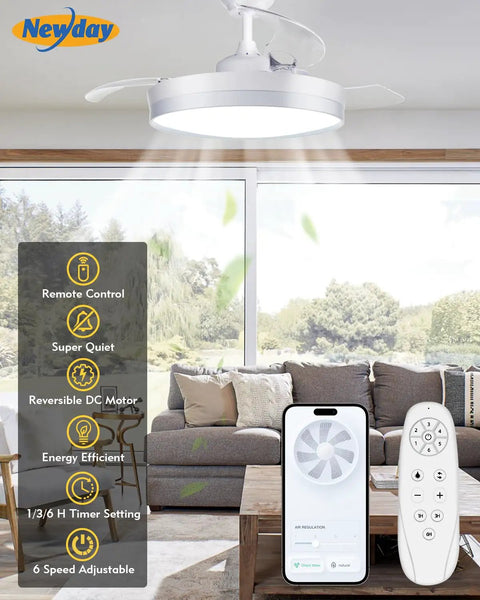 Retractable 42 Inch Smart Ceiling Fan With Lights App Remote Control Quiet DC Motor displayed with remote and app interface