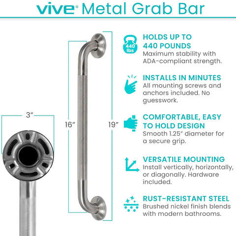 Heavy Duty Shower Grab Bar For Bathroom Safety And Seniors Stainless Steel Handrail Non Slip Grip 440 Lb Weight Capacity Brushed Nickel details