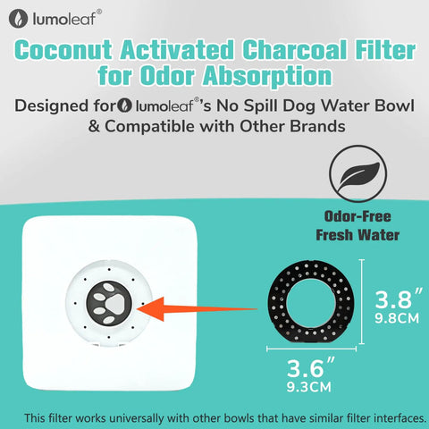 Replacement Coconut Activated Charcoal Filters For No Spill Dog Water Bowls showing filter size dimensions and design
