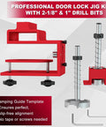 DIY Friendly Heavy Duty Door Lock Installation Kit With Guide Template And Aluminum Jig For One Three Eighths Inch Or One Three Quarters Inch Doors Fits Two Three Eighths Inch And Two Three Quarters Inch Backsets Drill Bit Included Precision Clamp Design showing red aluminum jig, drill bits, and clamp design.