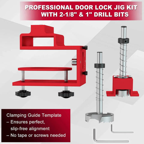 DIY Friendly Heavy Duty Door Lock Installation Kit With Guide Template And Aluminum Jig For One Three Eighths Inch Or One Three Quarters Inch Doors Fits Two Three Eighths Inch And Two Three Quarters Inch Backsets Drill Bit Included Precision Clamp Design showing red aluminum jig, drill bits, and clamp design.