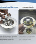 Comparison between Three In One Kitchen Sink Drain Strainer Stopper Basket With Odor Filter And Anti Clog Tech Stainless Steel and plastic strainer.