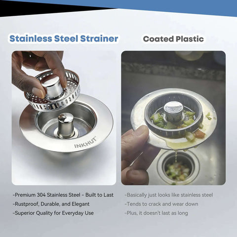 Comparison between Three In One Kitchen Sink Drain Strainer Stopper Basket With Odor Filter And Anti Clog Tech Stainless Steel and plastic strainer.