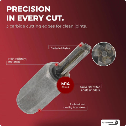 Fast Mortar Joint Cleaning Tool With 12mm Carbide Cutter for Brick and Masonry, showing three tungsten carbide edges.