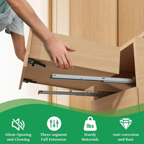 Smooth As Butter 18 Inch Undermount Drawer Slides Two Pack Soft Close Full Extension Cabinet Hardware, showing hand pulling drawer.